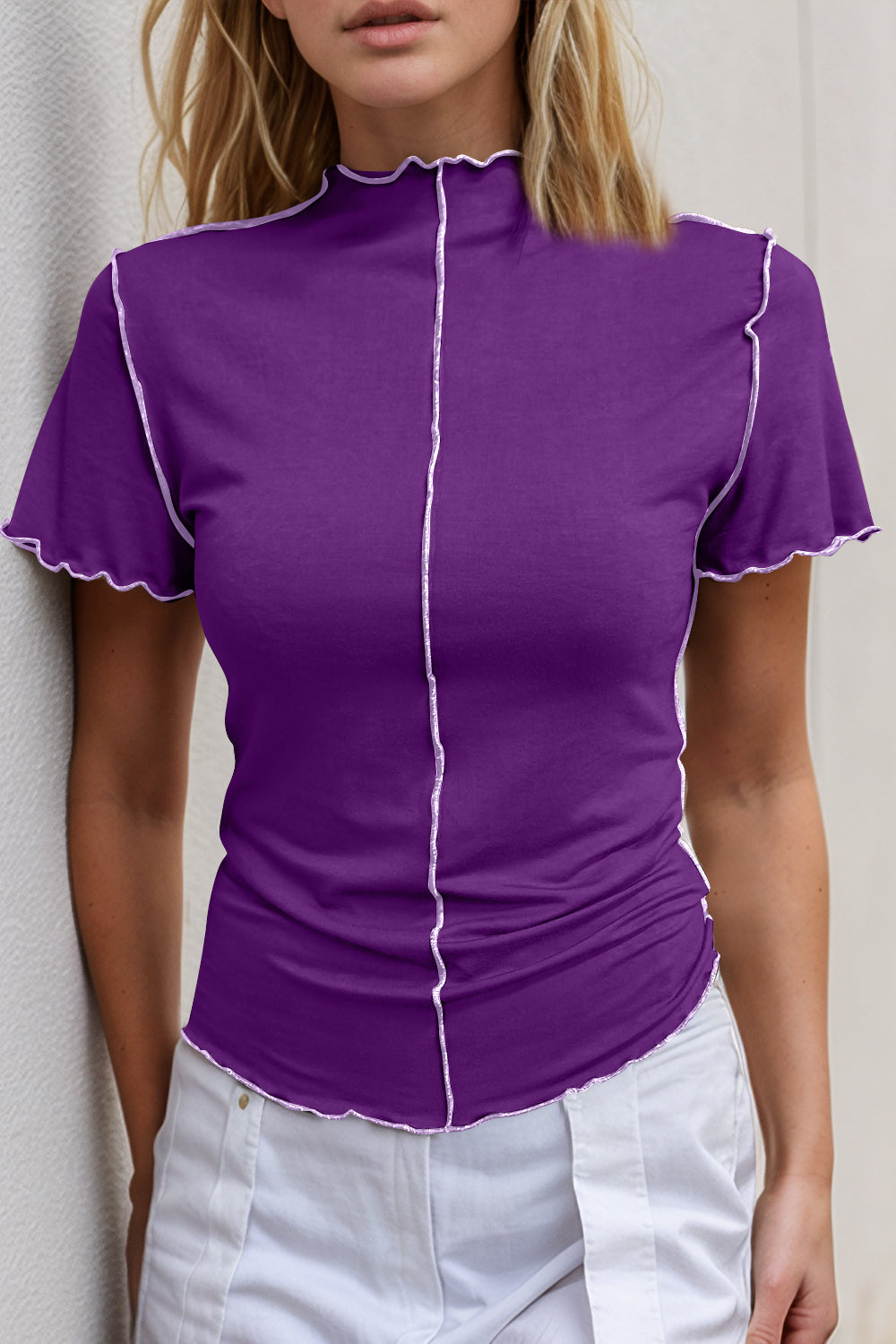 Basic Bae Contrast Trim Mock Neck Short Sleeve T-Shirt ShopBasicbae