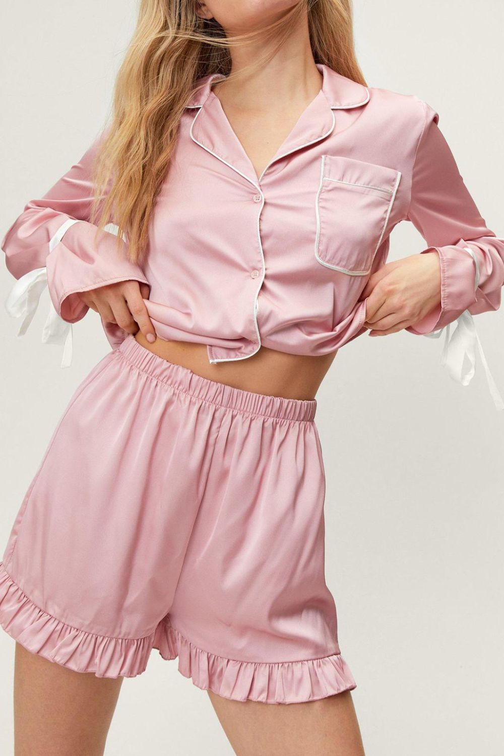Basic Bae Tied Cuff Collared Neck Top and Frill Shorts Lounge Set ShopBasicbae