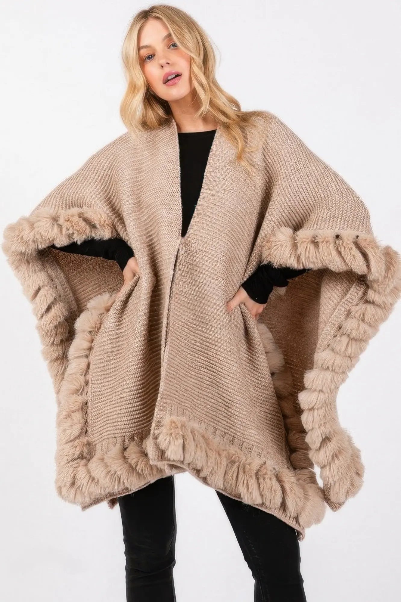 Taupe Faux Fur Trim Cape With Closure