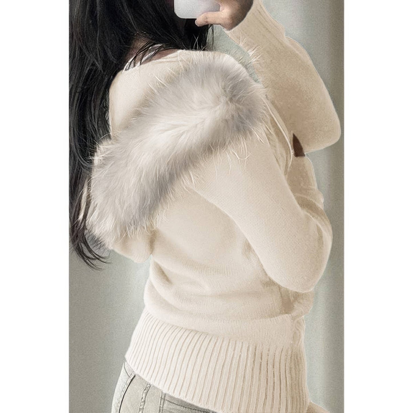 Solid Zipper Twist And Fur Stitching Jacket
