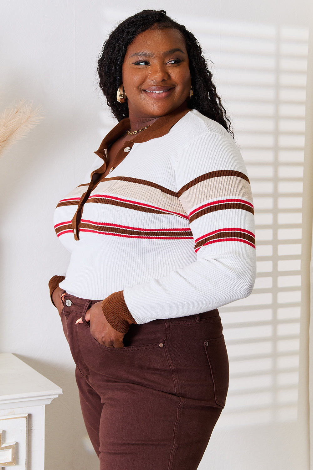 Basic Bae Striped Collared Neck Rib-Knit Top ShopBasicbae