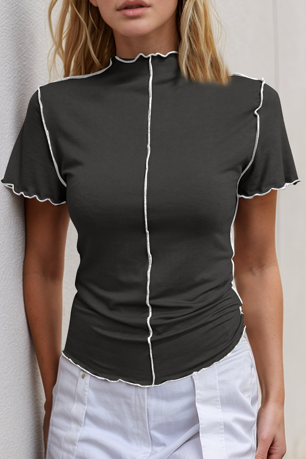 Basic Bae Contrast Trim Mock Neck Short Sleeve T-Shirt ShopBasicbae