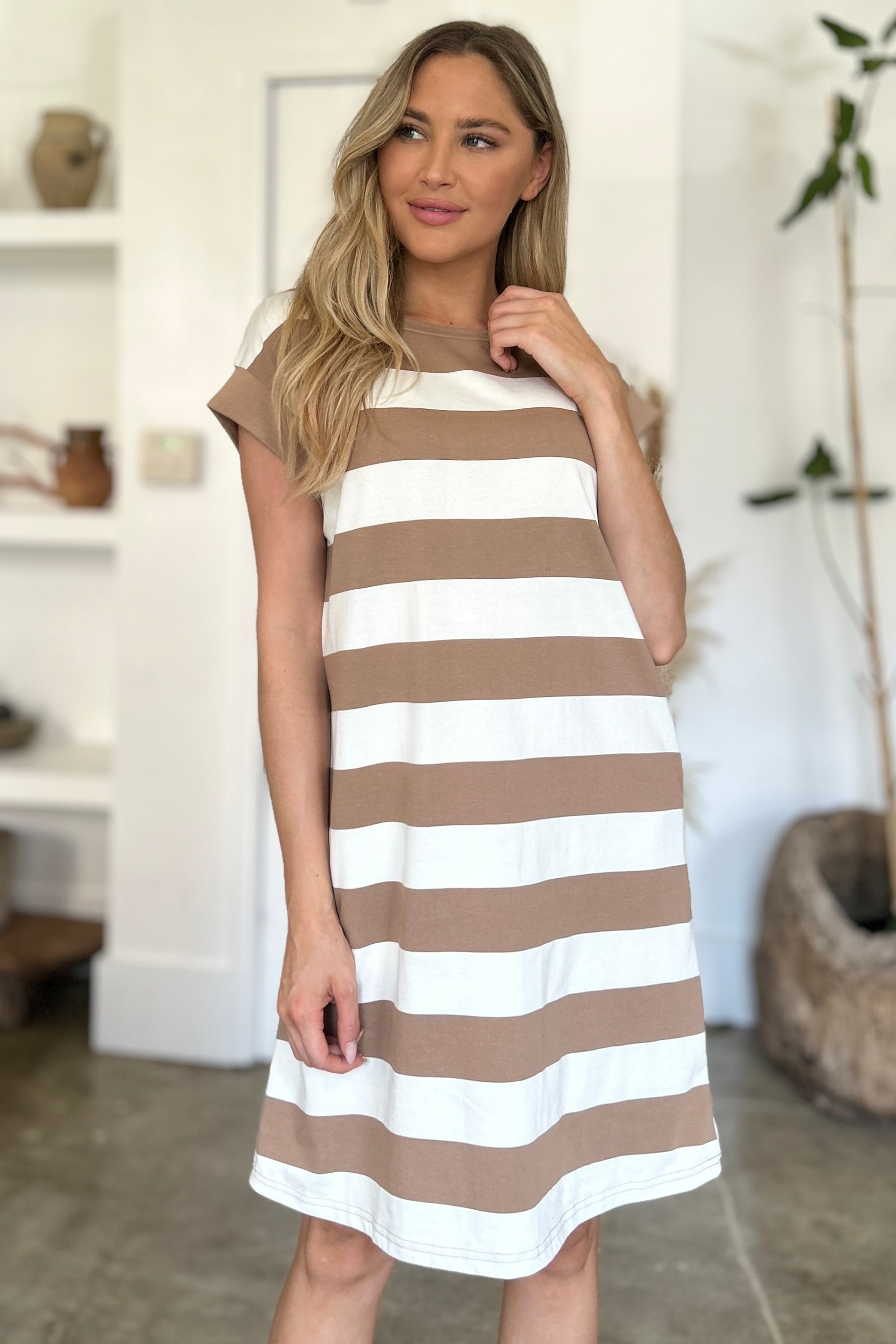 Basic Bae Full Size Striped Round Neck Cap Sleeve Mini Dress ShopBasicbae