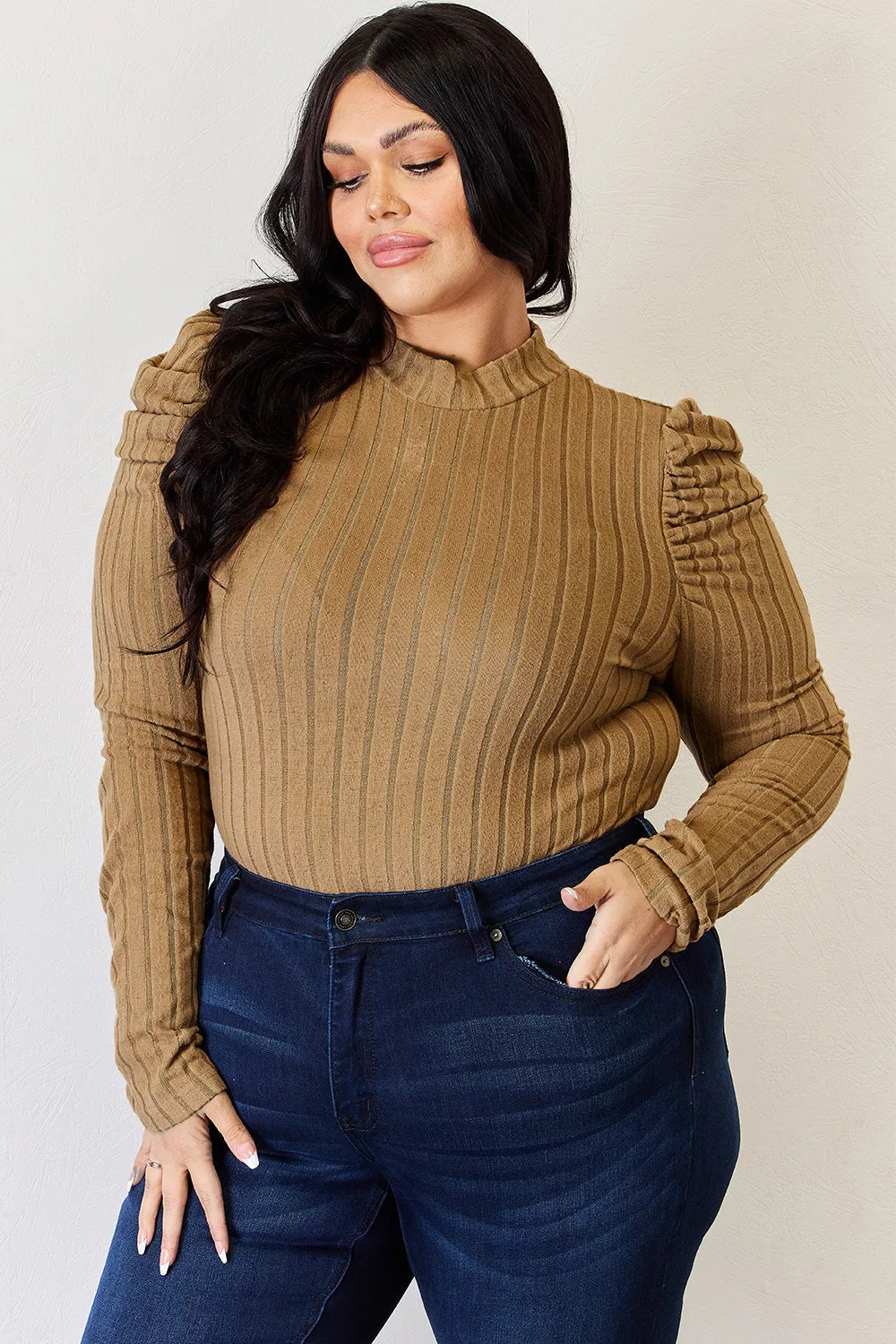Basic Bae Full Size Ribbed Mock Neck Puff Sleeve T-Shirt ShopBasicbae
