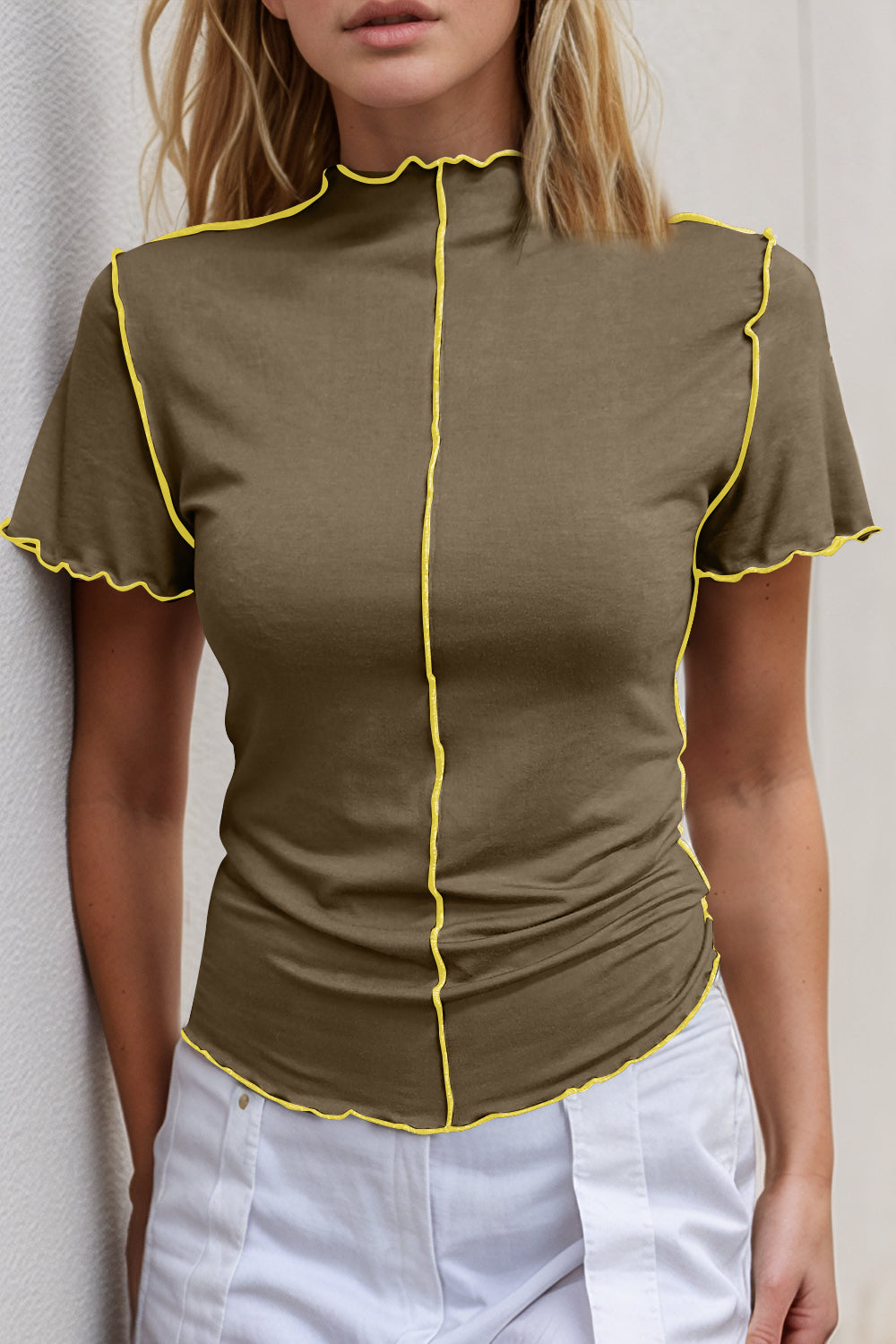 Basic Bae Contrast Trim Mock Neck Short Sleeve T-Shirt ShopBasicbae