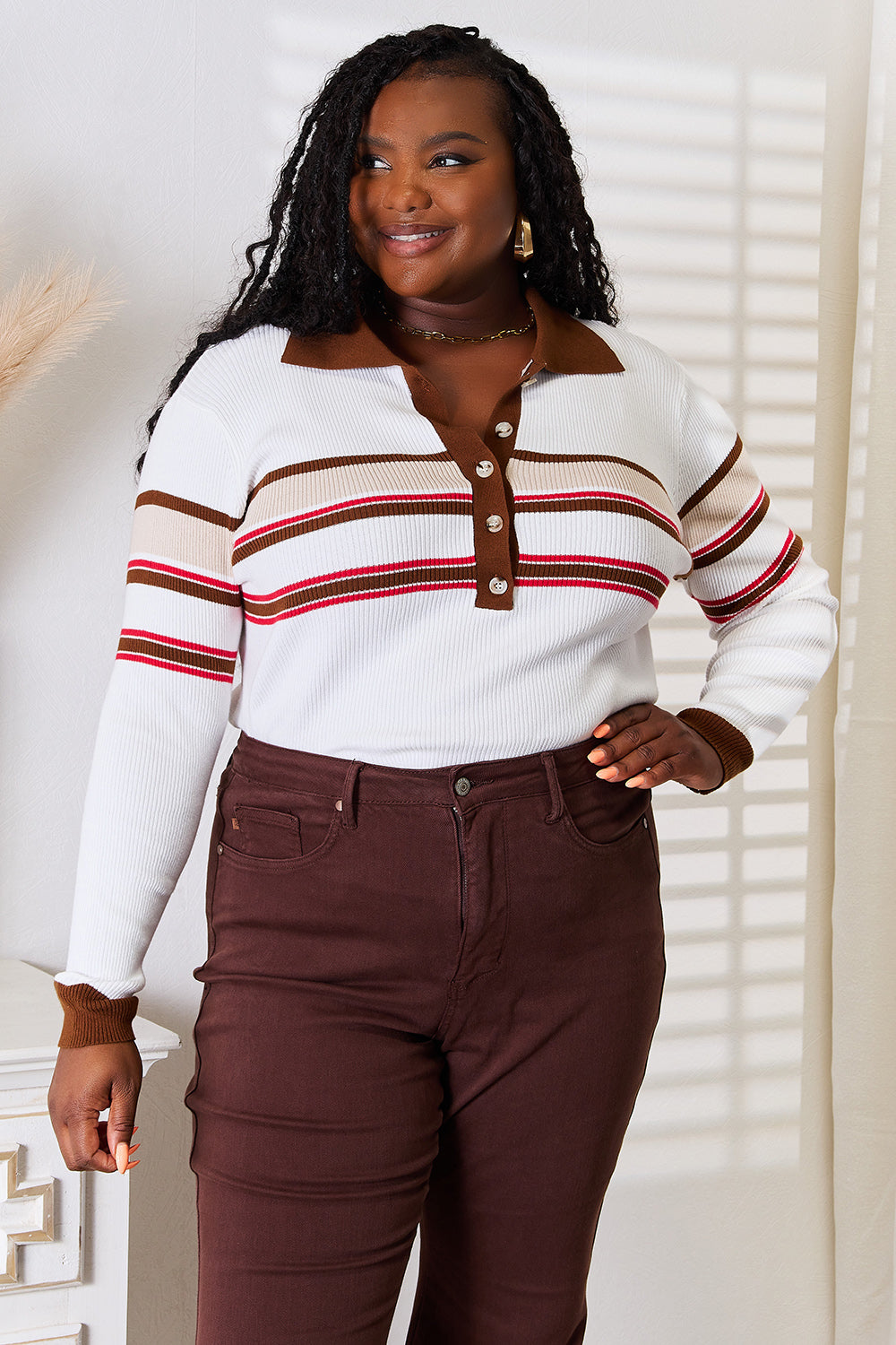 Basic Bae Striped Collared Neck Rib-Knit Top ShopBasicbae