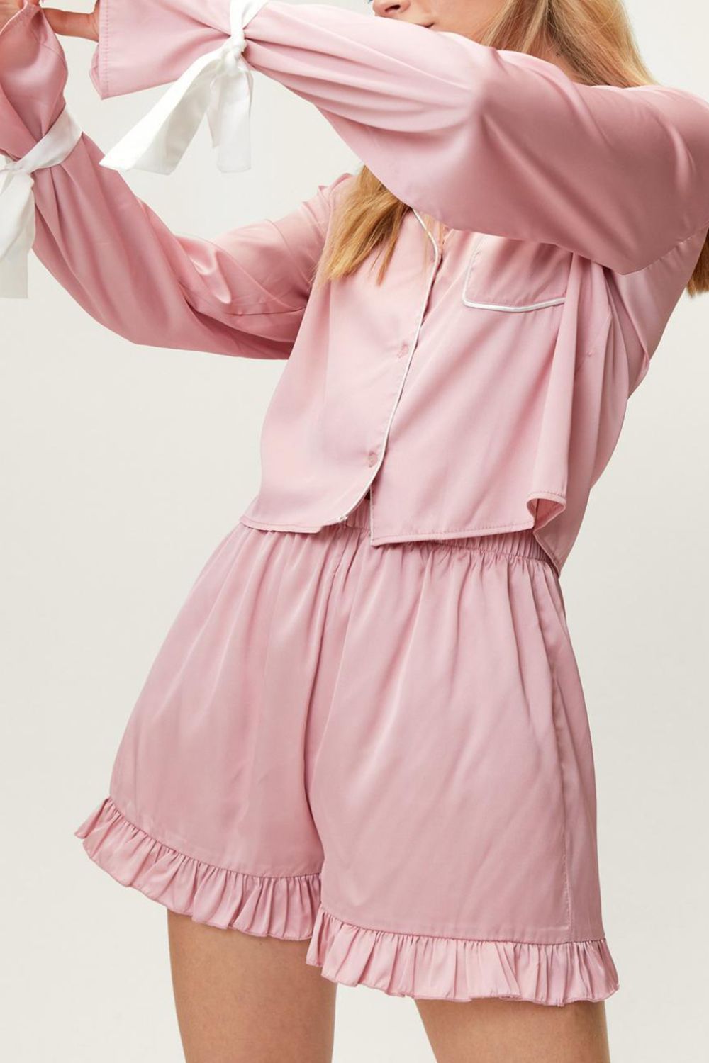 Basic Bae Tied Cuff Collared Neck Top and Frill Shorts Lounge Set ShopBasicbae