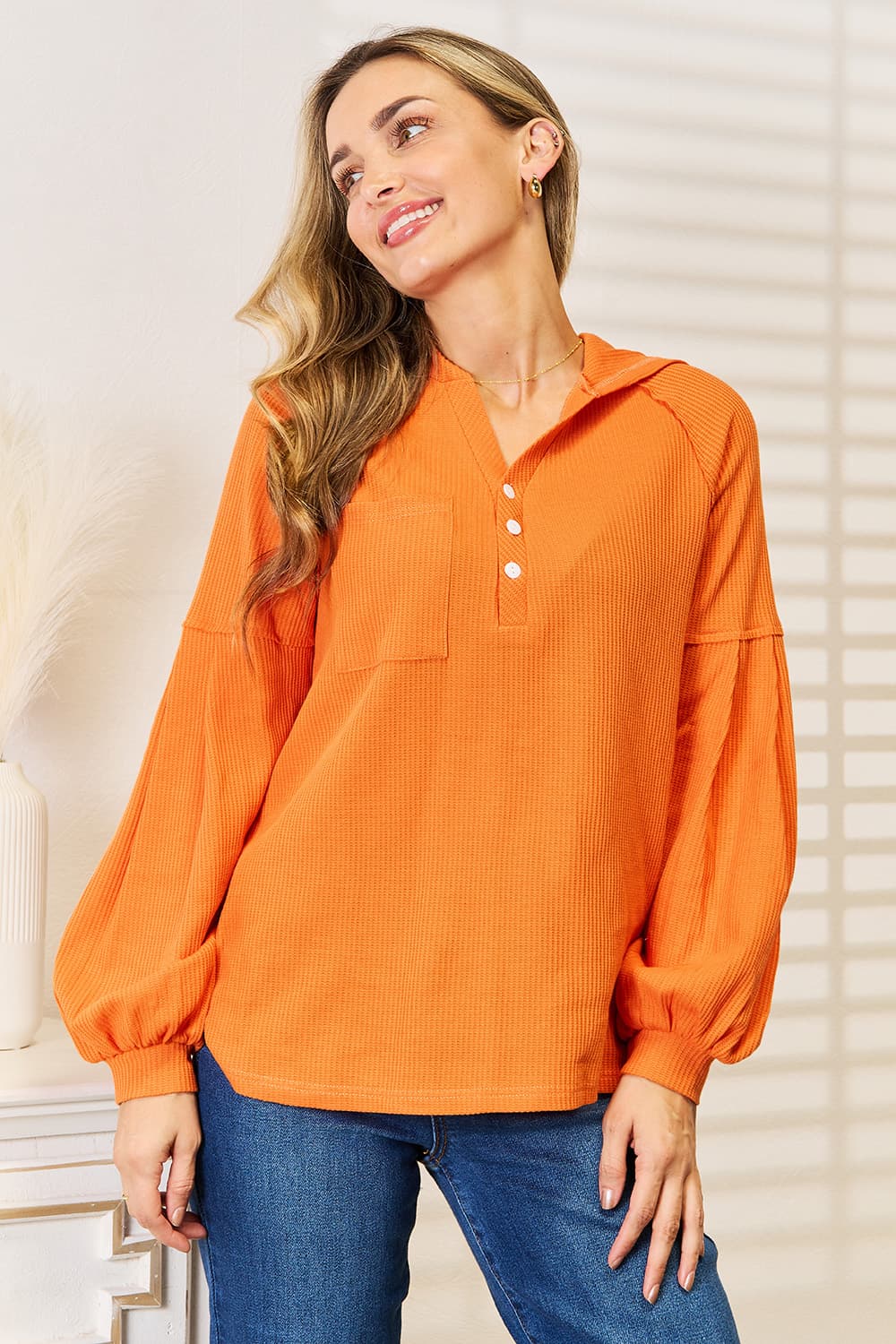 Basic Bae Side Slit Buttoned Waffle Knit Hoodie ShopBasicbae