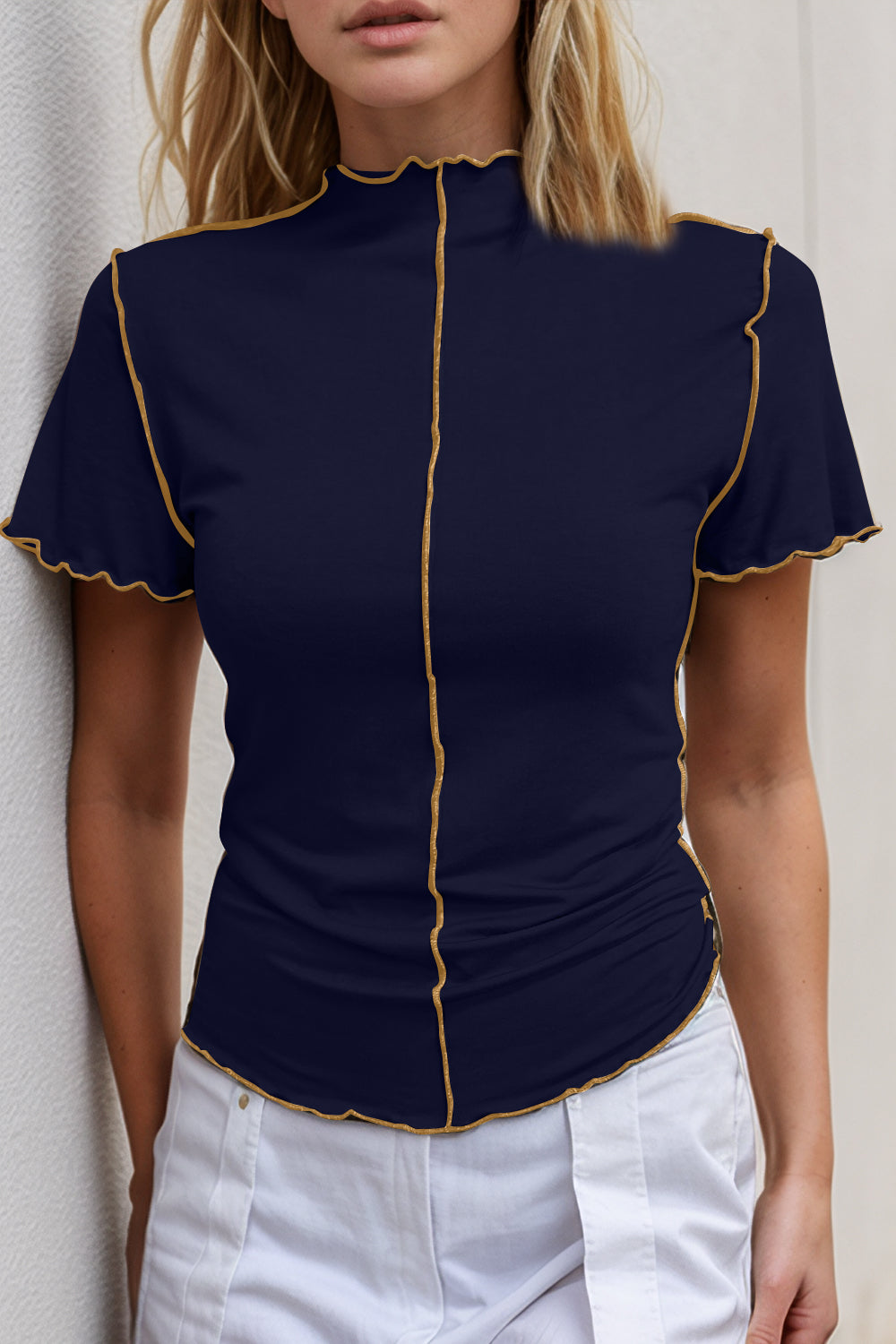 Basic Bae Contrast Trim Mock Neck Short Sleeve T-Shirt ShopBasicbae