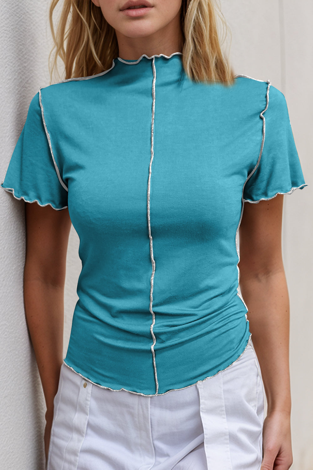 Basic Bae Contrast Trim Mock Neck Short Sleeve T-Shirt ShopBasicbae