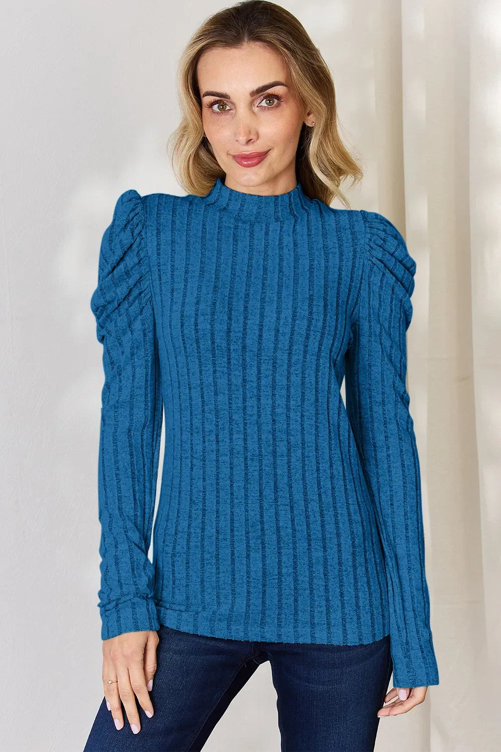 Basic Bae Full Size Ribbed Mock Neck Puff Sleeve T-Shirt ShopBasicbae