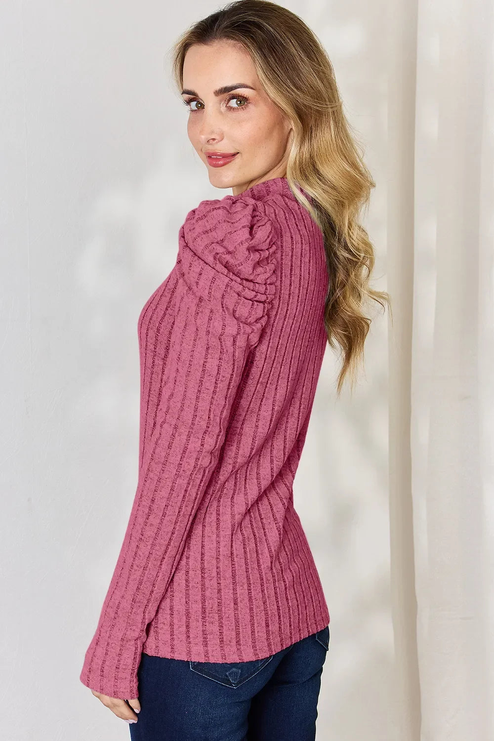 Basic Bae Full Size Ribbed Mock Neck Puff Sleeve T-Shirt ShopBasicbae