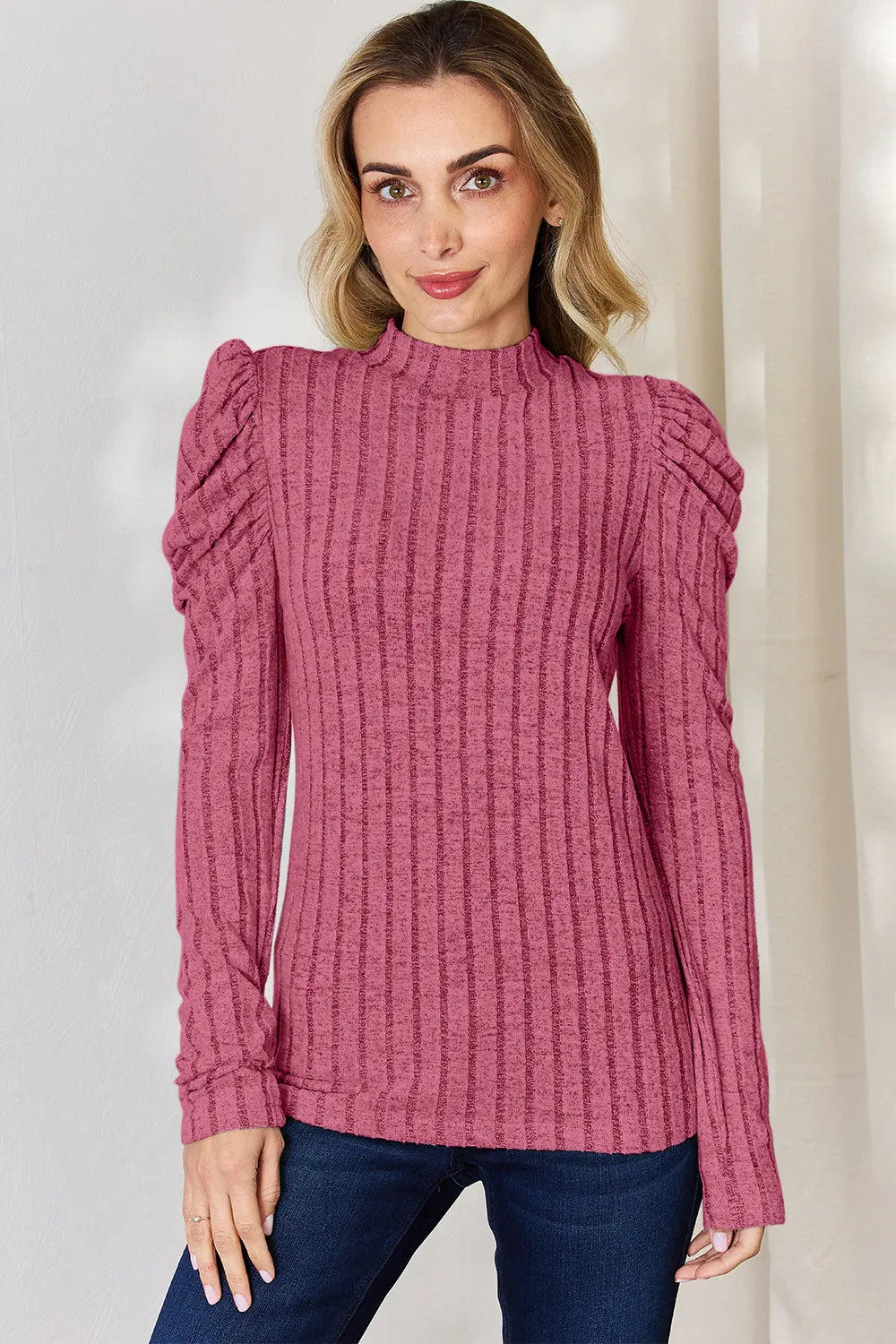 Basic Bae Full Size Ribbed Mock Neck Puff Sleeve T-Shirt ShopBasicbae