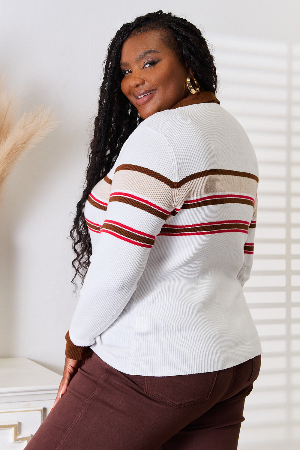 Basic Bae Striped Collared Neck Rib-Knit Top ShopBasicbae