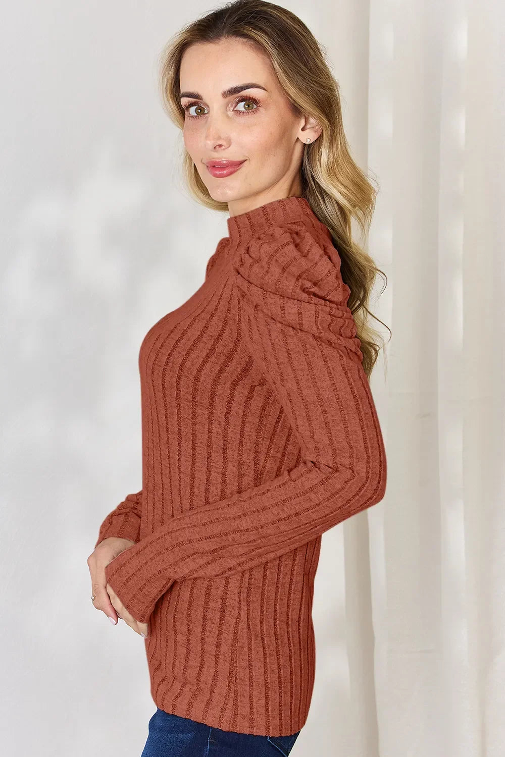 Basic Bae Full Size Ribbed Mock Neck Puff Sleeve T-Shirt ShopBasicbae