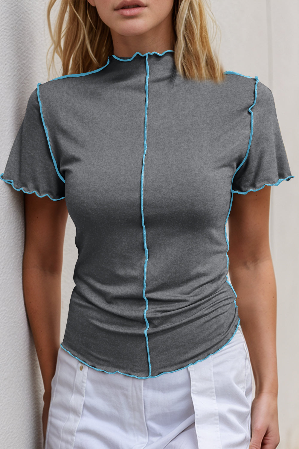 Basic Bae Contrast Trim Mock Neck Short Sleeve T-Shirt ShopBasicbae