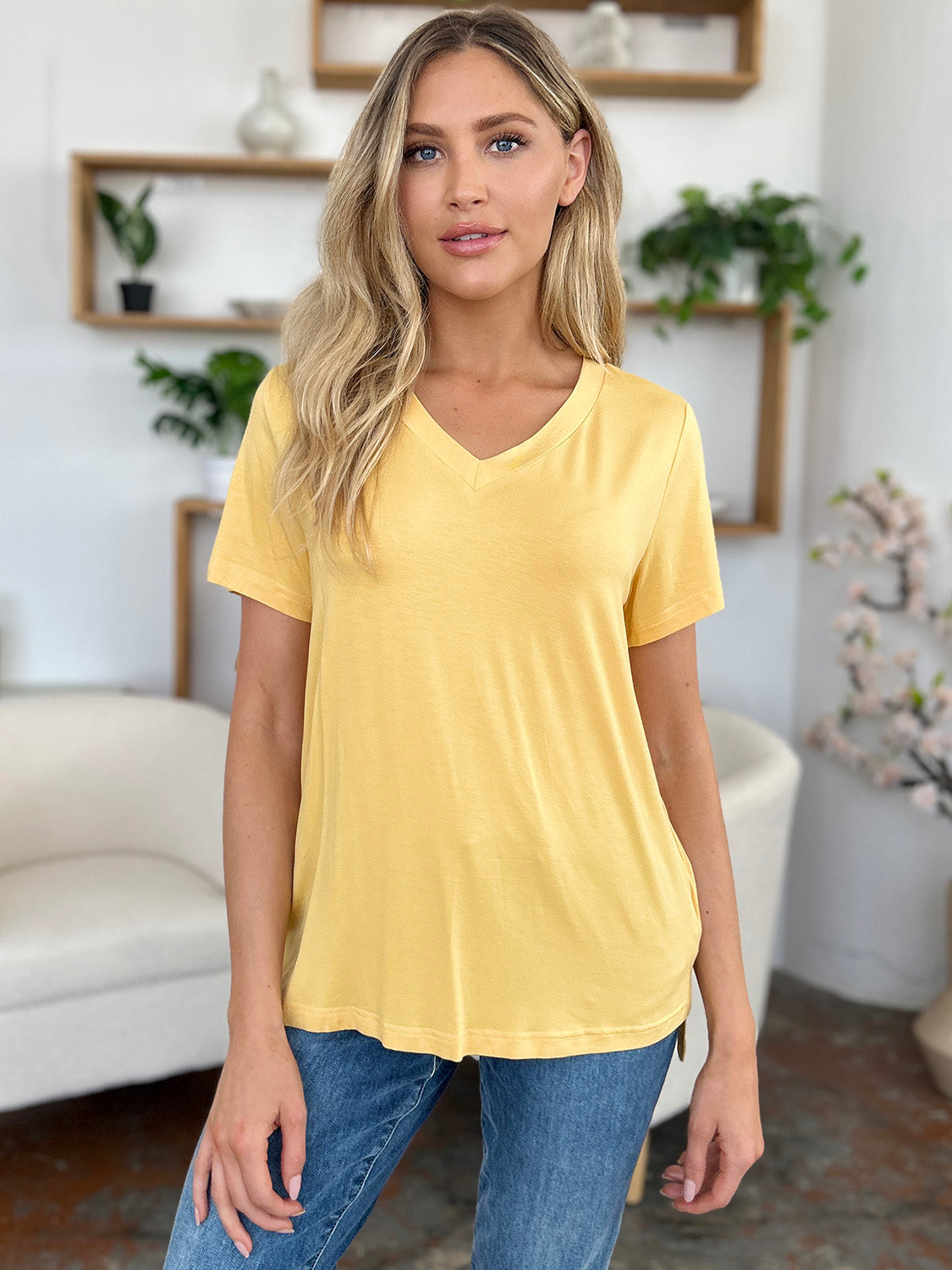 Basic Bae Bamboo Full Size V-Neck High-Low T-Shirt ShopBasicbae