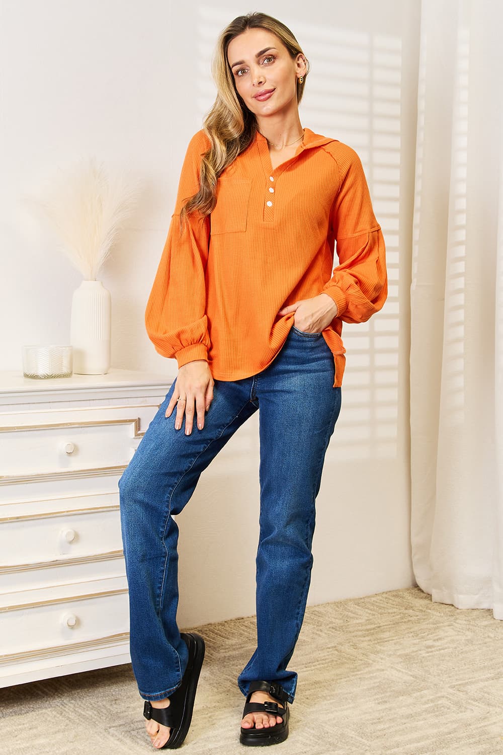 Basic Bae Side Slit Buttoned Waffle Knit Hoodie ShopBasicbae