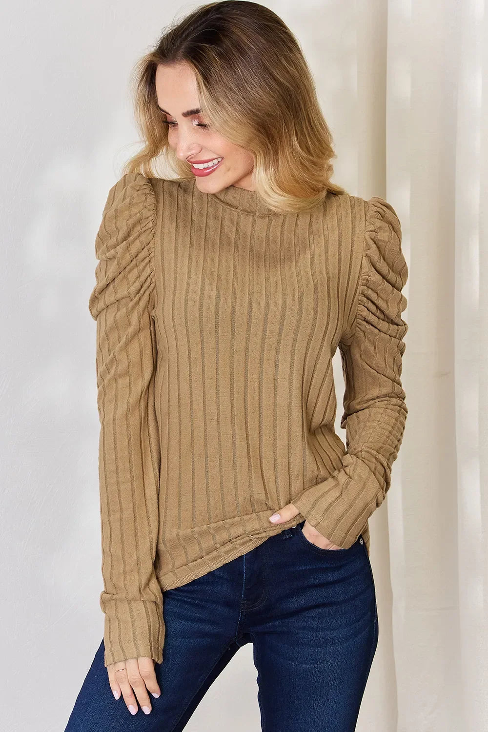 Basic Bae Full Size Ribbed Mock Neck Puff Sleeve T-Shirt ShopBasicbae