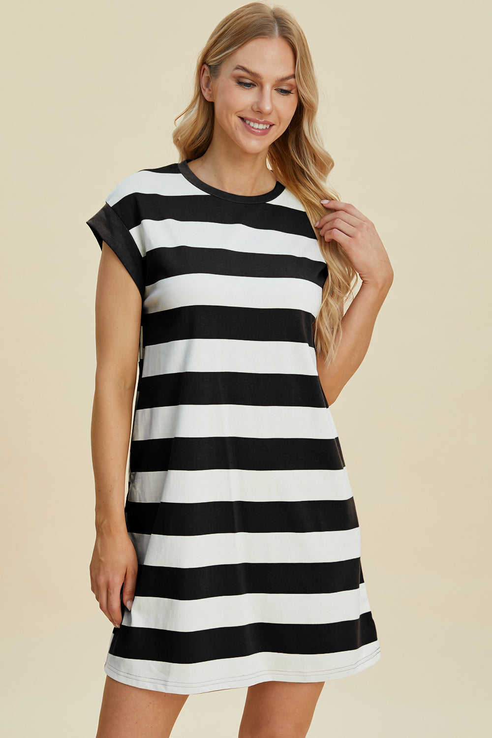 Basic Bae Full Size Striped Round Neck Cap Sleeve Mini Dress ShopBasicbae