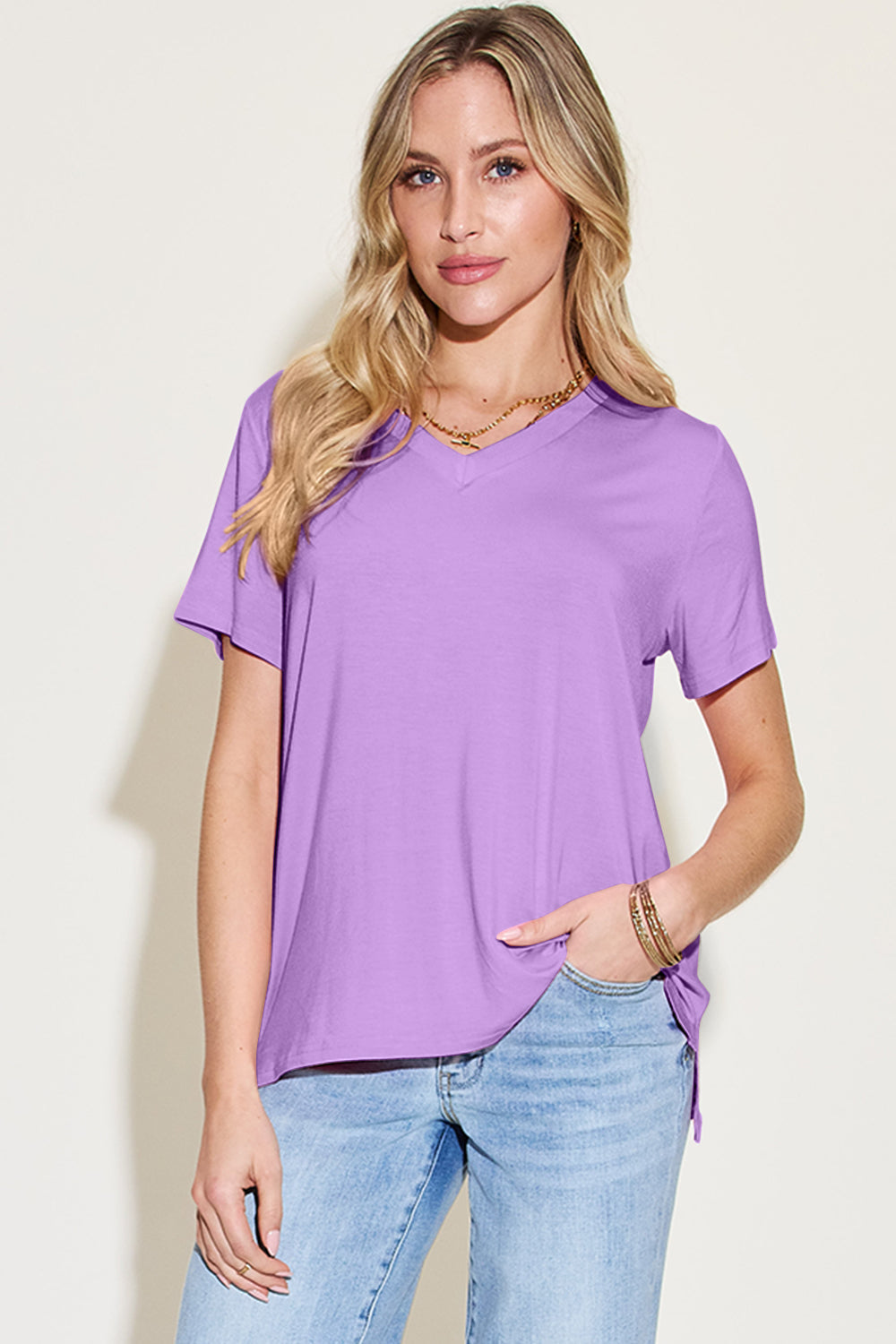 Basic Bae Bamboo Full Size V-Neck High-Low T-Shirt ShopBasicbae