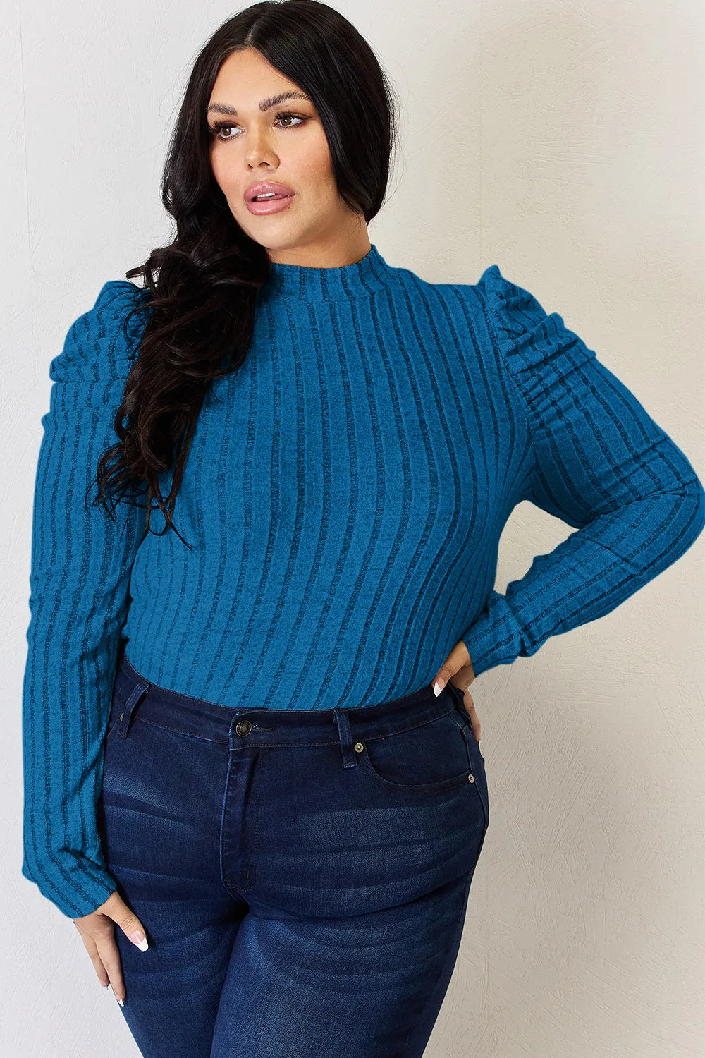 Basic Bae Full Size Ribbed Mock Neck Puff Sleeve T-Shirt ShopBasicbae