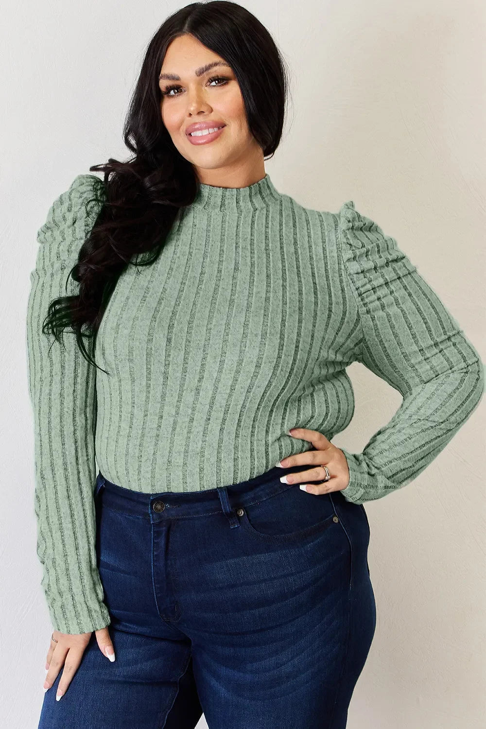 Basic Bae Full Size Ribbed Mock Neck Puff Sleeve T-Shirt ShopBasicbae