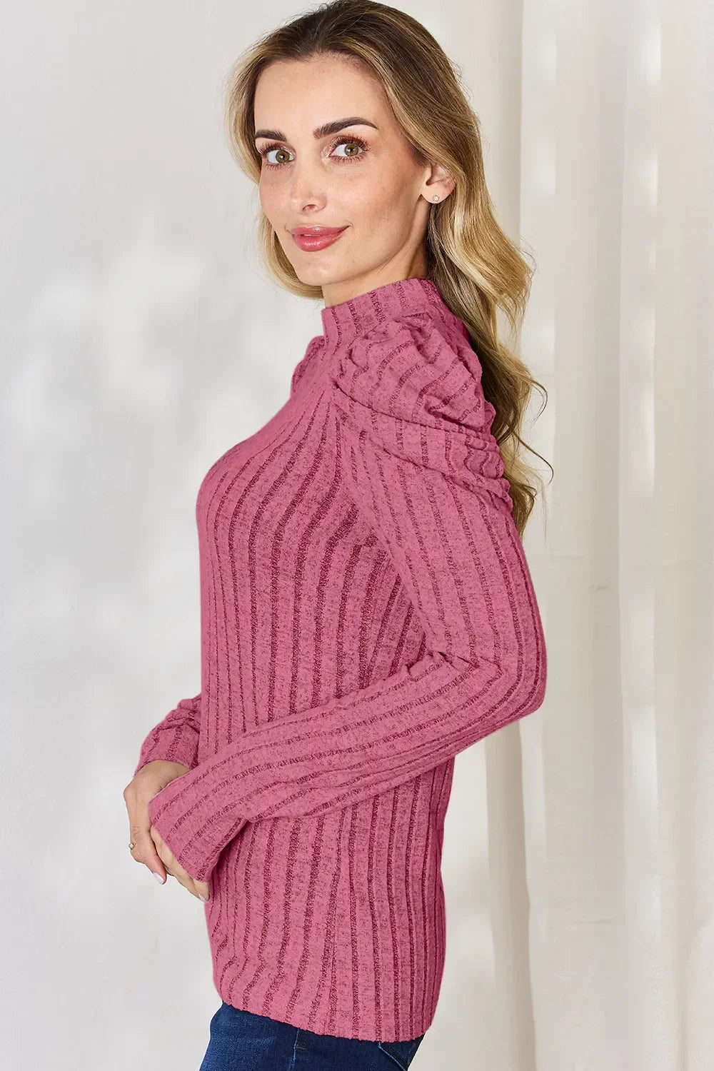 Basic Bae Full Size Ribbed Mock Neck Puff Sleeve T-Shirt ShopBasicbae