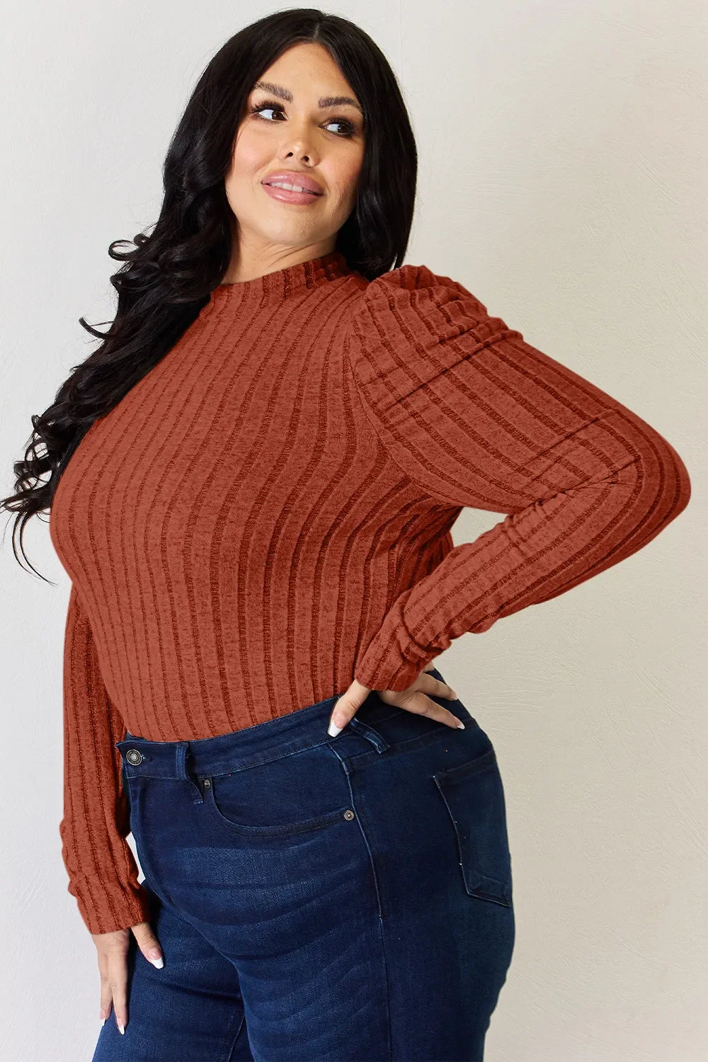Basic Bae Full Size Ribbed Mock Neck Puff Sleeve T-Shirt ShopBasicbae