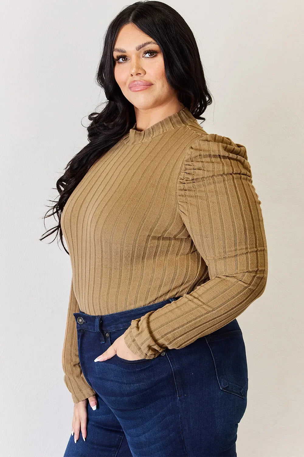 Basic Bae Full Size Ribbed Mock Neck Puff Sleeve T-Shirt ShopBasicbae