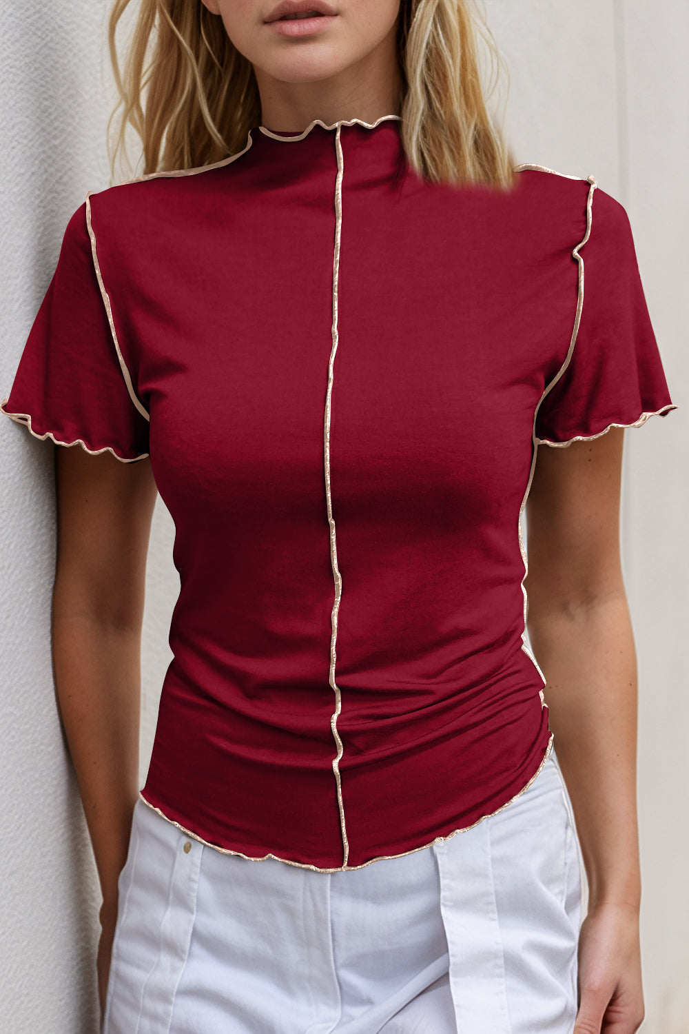 Basic Bae Contrast Trim Mock Neck Short Sleeve T-Shirt ShopBasicbae
