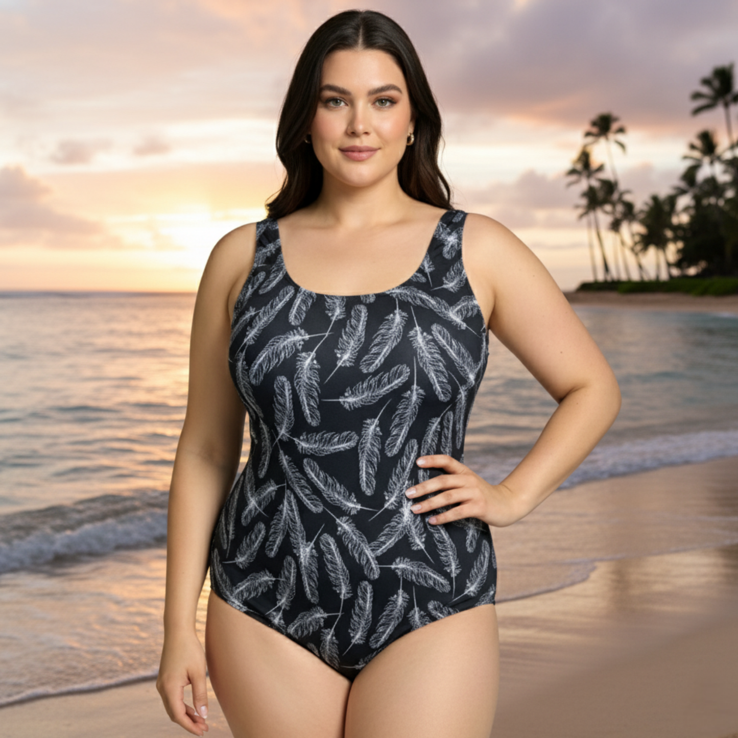 InstantFigure Feathers  One Piece Basic Scoop Tank Swimsuit 78310P InstantFigure INC