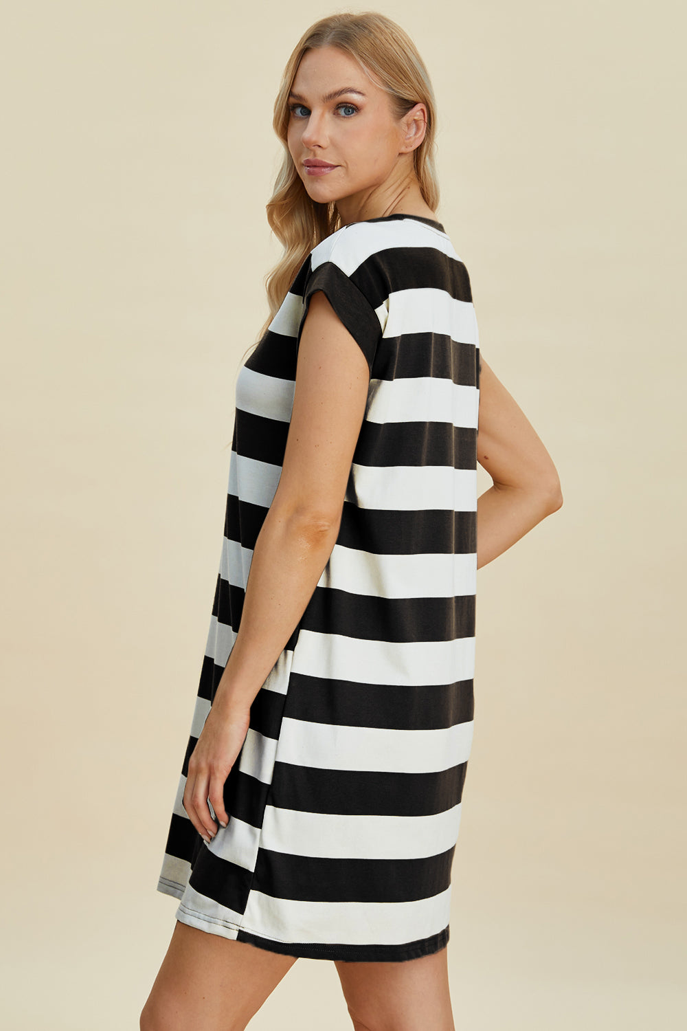 Basic Bae Full Size Striped Round Neck Cap Sleeve Mini Dress ShopBasicbae