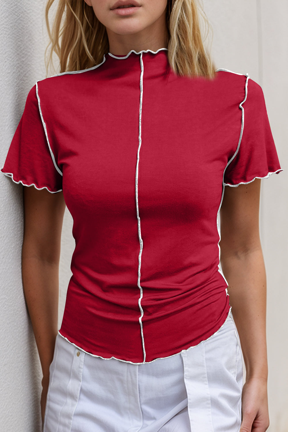 Basic Bae Contrast Trim Mock Neck Short Sleeve T-Shirt ShopBasicbae