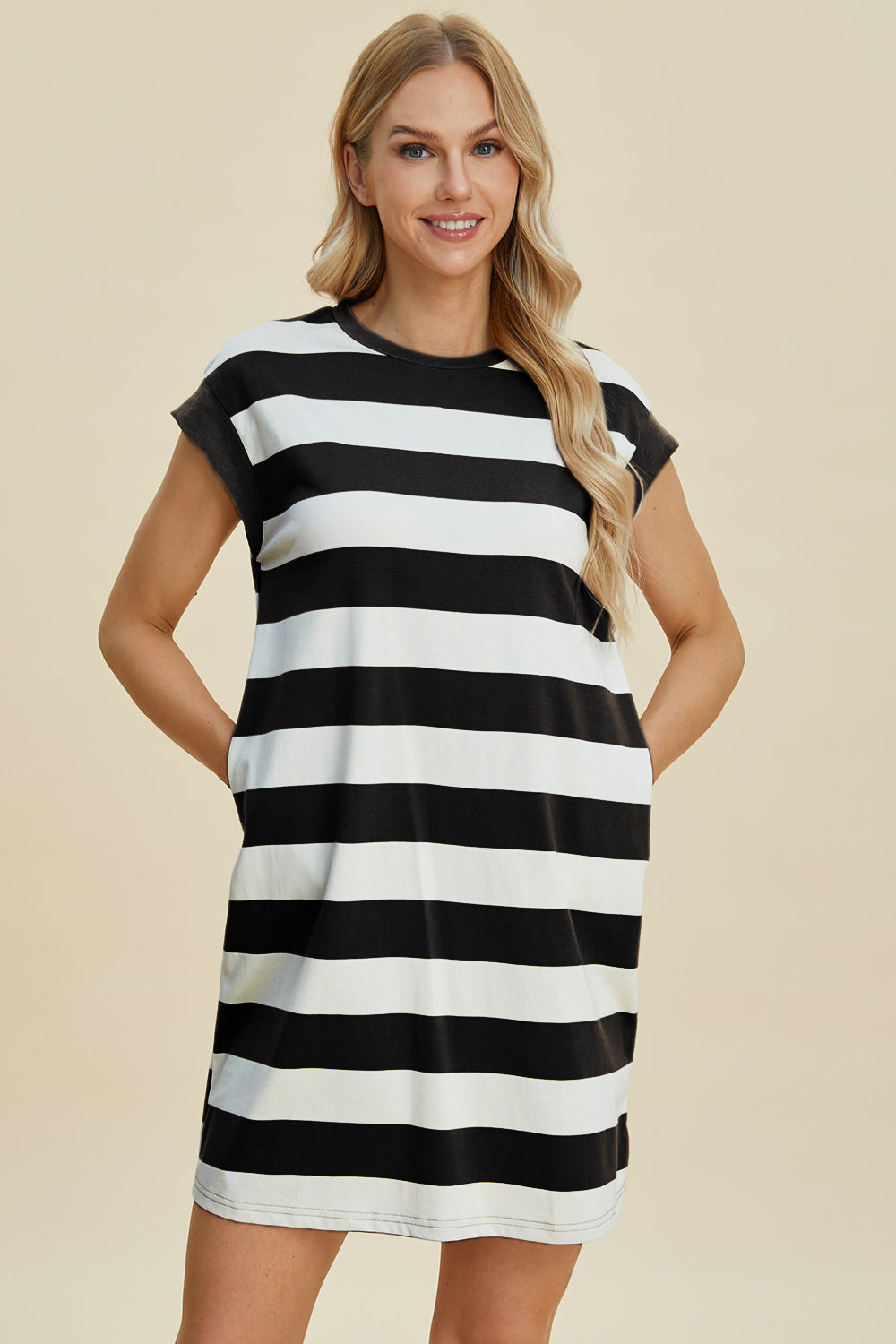 Basic Bae Full Size Striped Round Neck Cap Sleeve Mini Dress ShopBasicbae