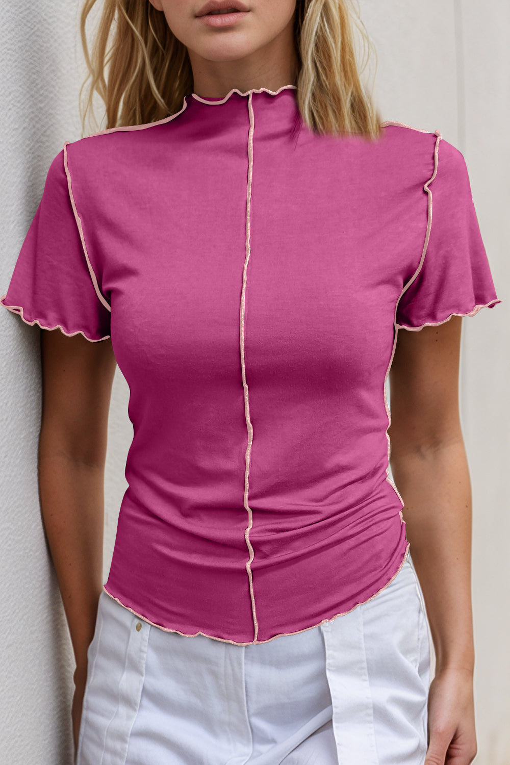 Basic Bae Contrast Trim Mock Neck Short Sleeve T-Shirt ShopBasicbae
