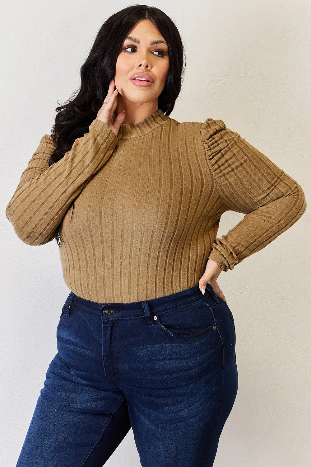 Basic Bae Full Size Ribbed Mock Neck Puff Sleeve T-Shirt ShopBasicbae