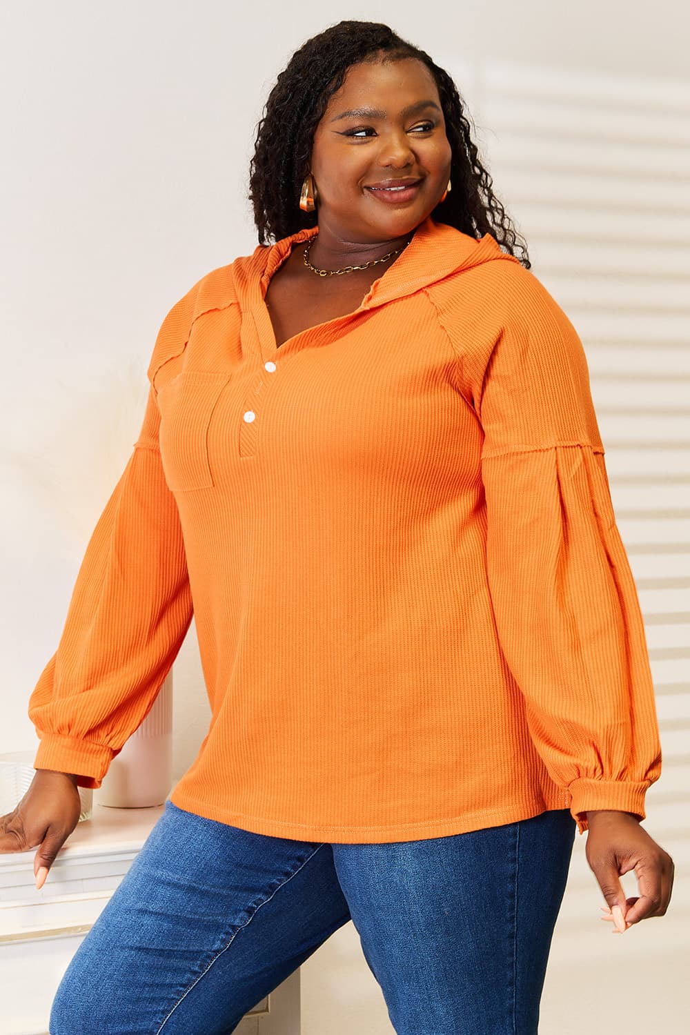 Basic Bae Side Slit Buttoned Waffle Knit Hoodie ShopBasicbae