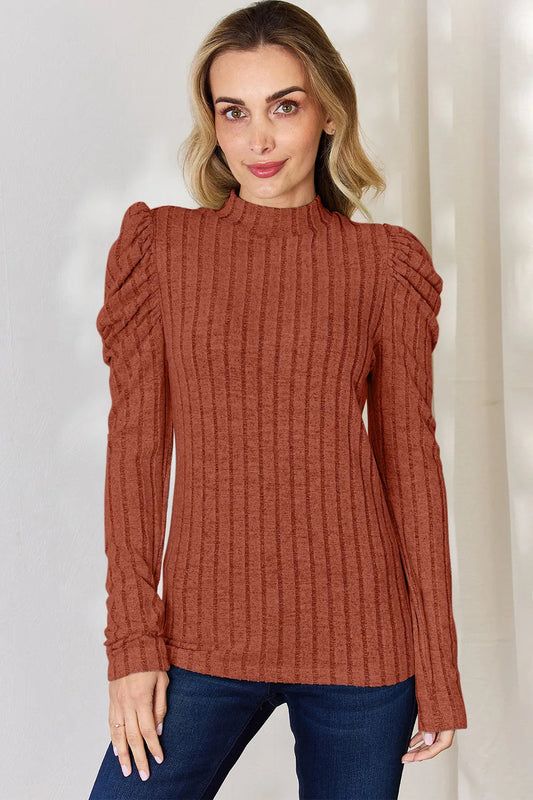 Basic Bae Full Size Ribbed Mock Neck Puff Sleeve T-Shirt ShopBasicbae