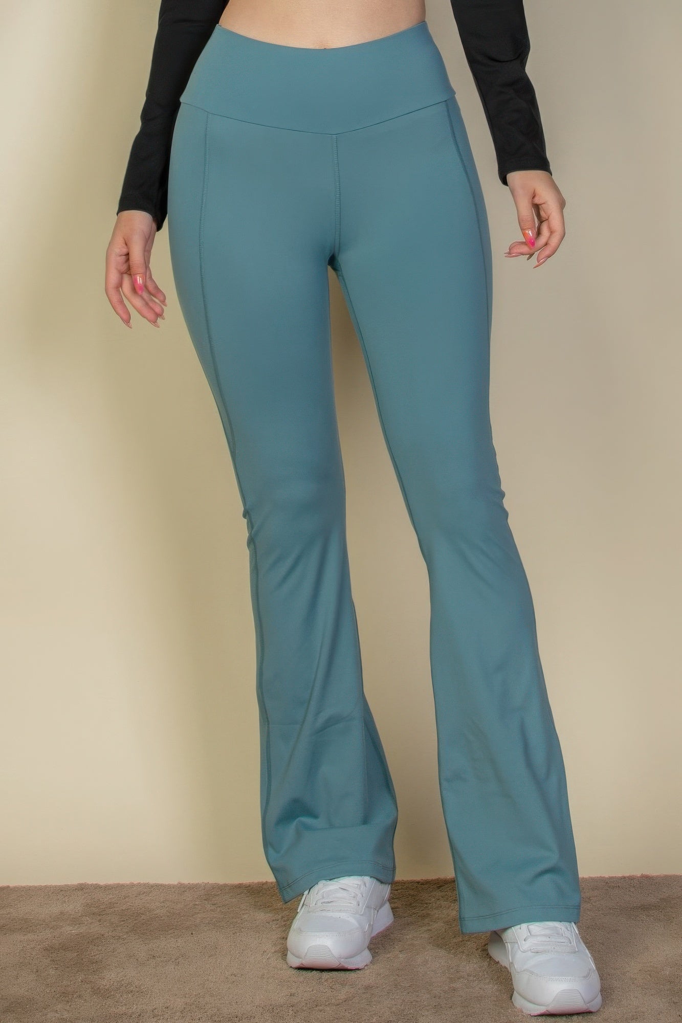 Wide waistband flare leg pants in Slate Green