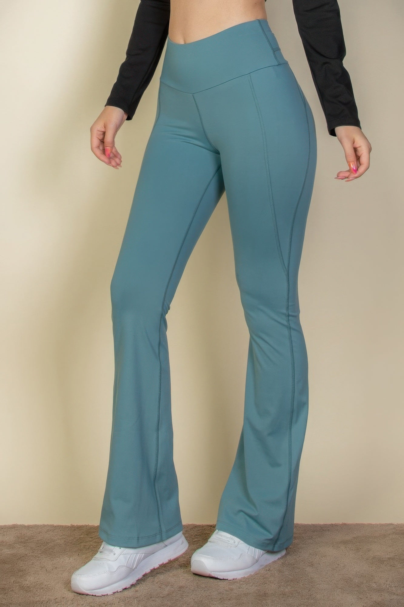 Wide waistband flare leg pants in Slate Green
