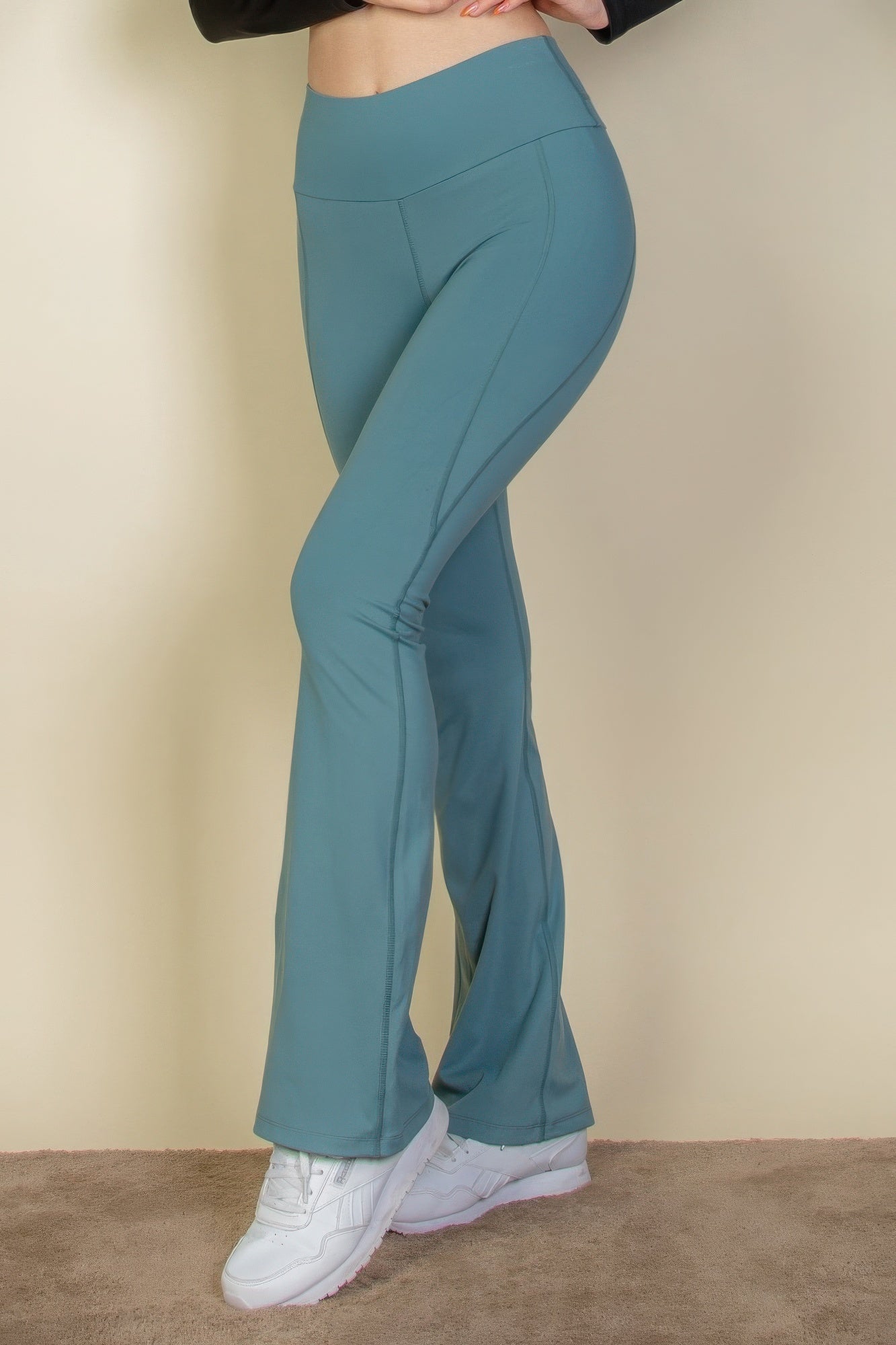 Wide waistband flare leg pants in Slate Green