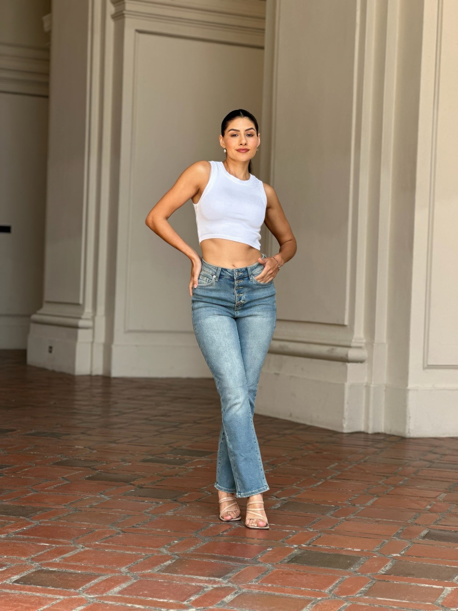 High Rise Cigarette Button Fly Straight Denim Jean