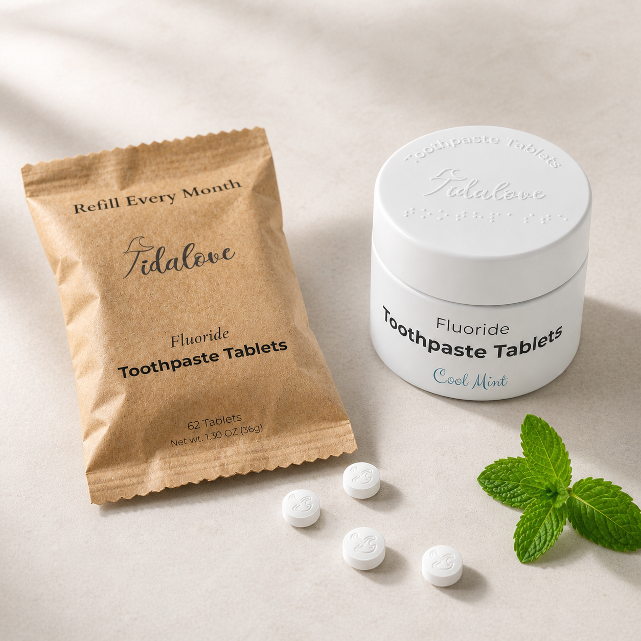 Fluoride Cool Mint Toothpaste Tablets — 1 Month Tidalove