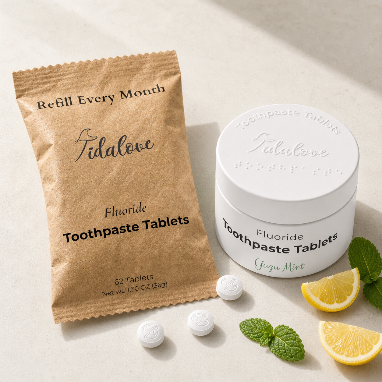 Fluoride Yuzu Mint Toothpaste Tablets — 1 Month Tidalove