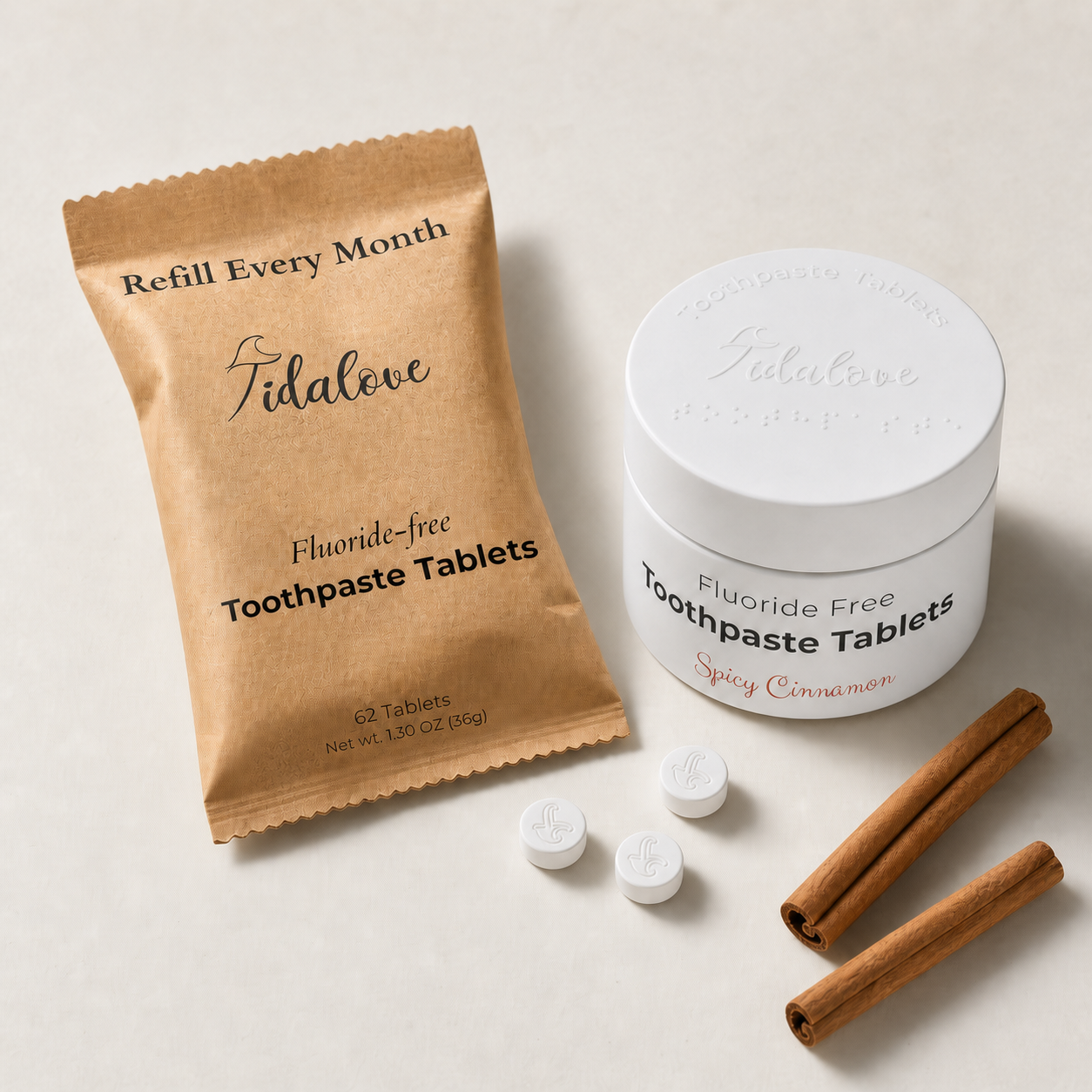 Fluoride-Free Cinnamon Toothpaste Tablets — 1 Month Tidalove