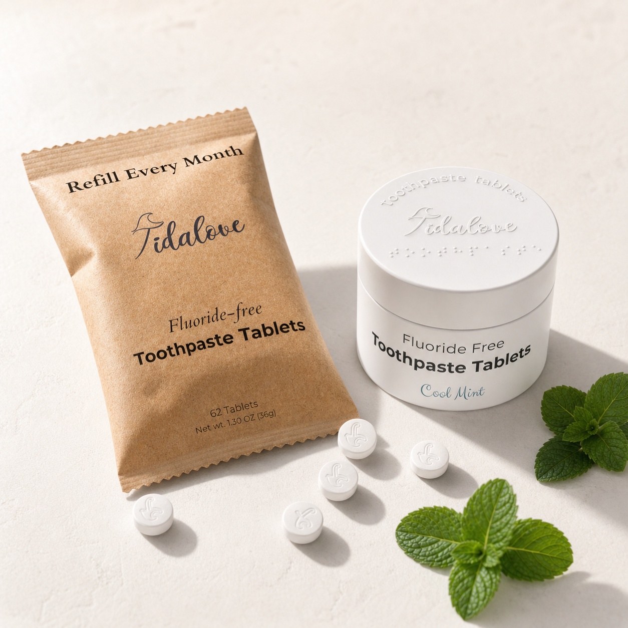 Fluoride-Free Cool Mint Toothpaste Tablets — 1 Month Tidalove