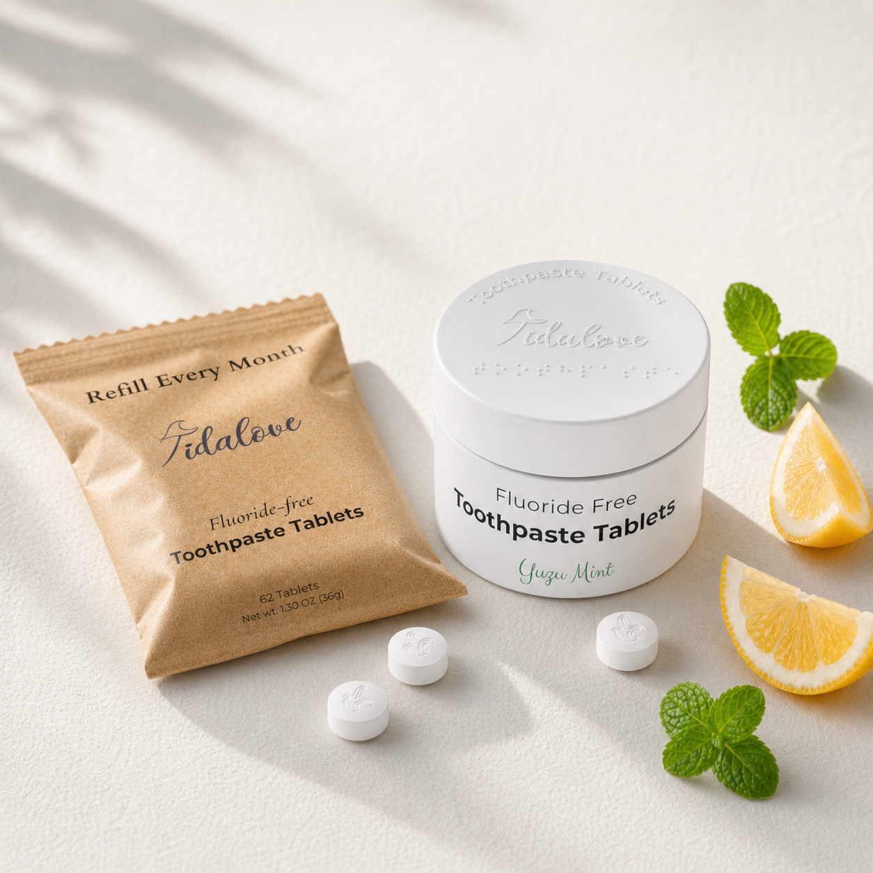 Fluoride-Free Yuzu Mint Toothpaste Tablets — 1 Month Tidalove