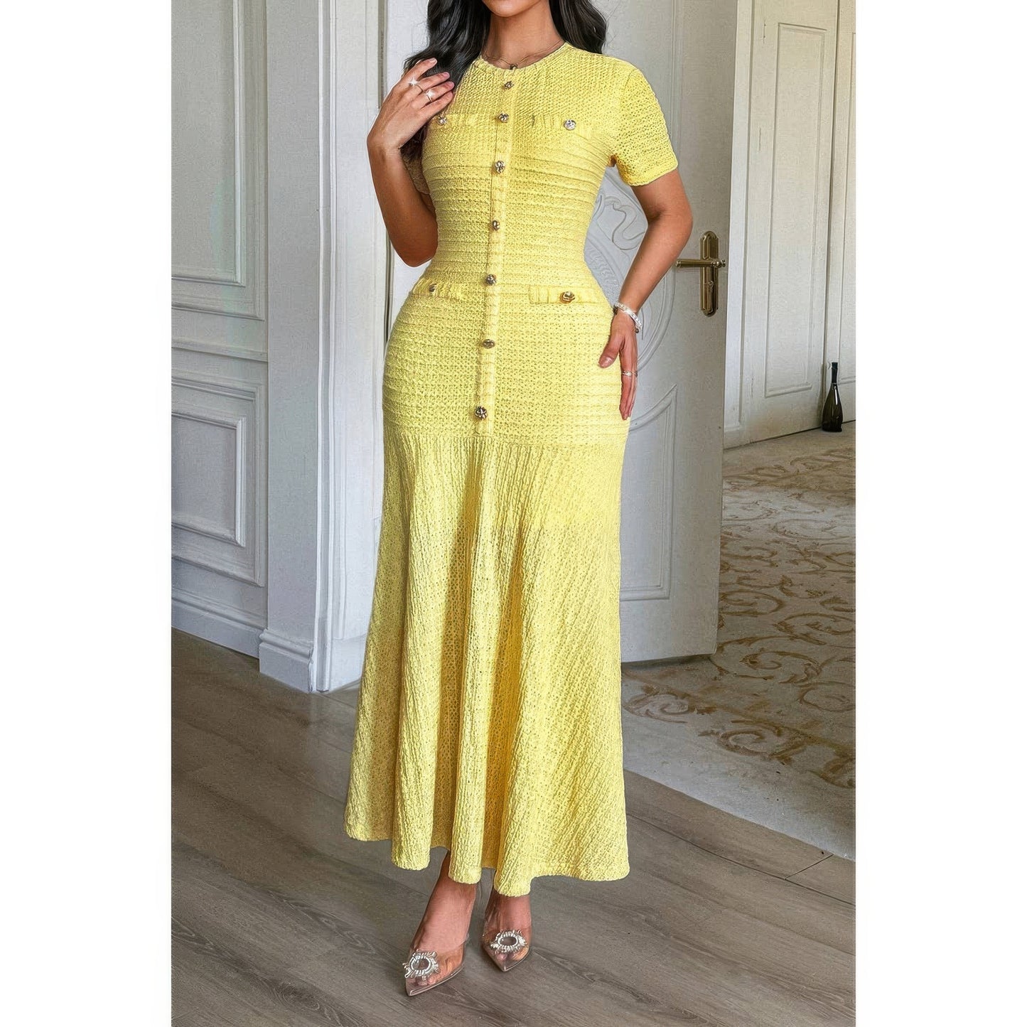 Solid Round Neck Button Elegant Sheath Dress