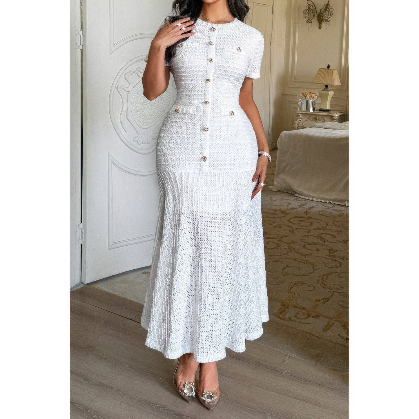 Solid Round Neck Button Elegant Sheath Dress